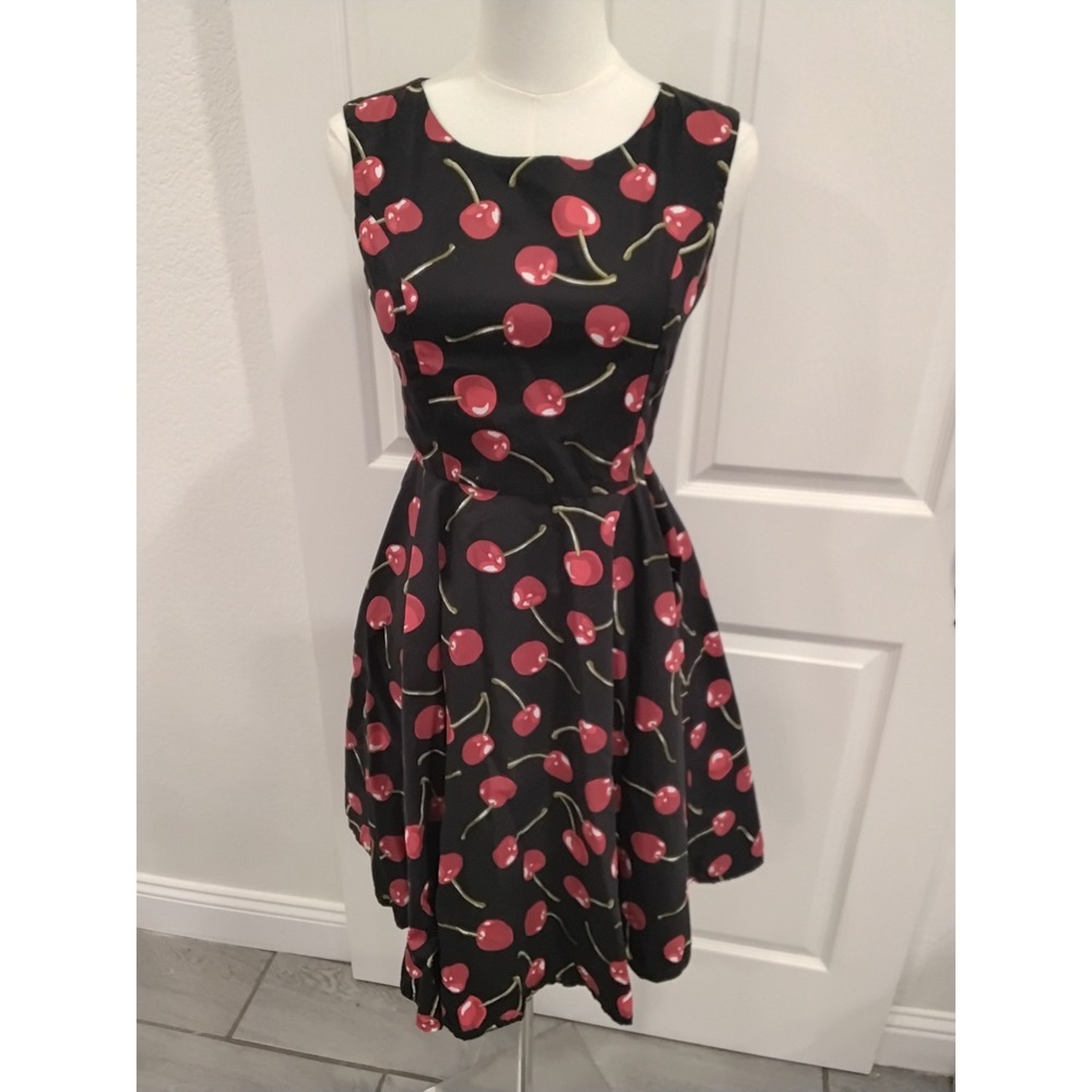 Ensenvo Black Red Cherry Print Fit Flare‎ Dress Women S